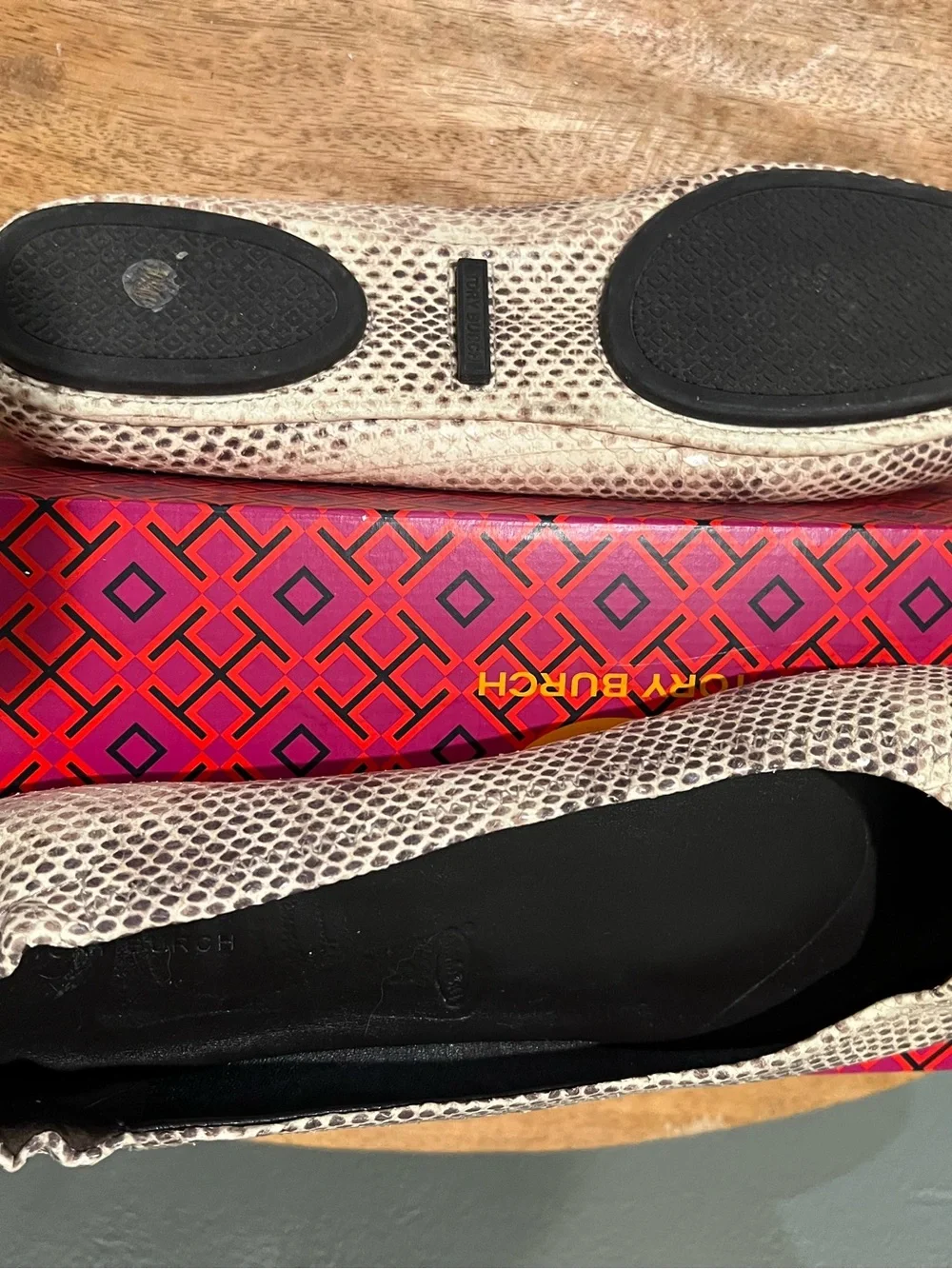 Tory Burch Cream Snakeskin-Print Ballet Flats with Black Insole